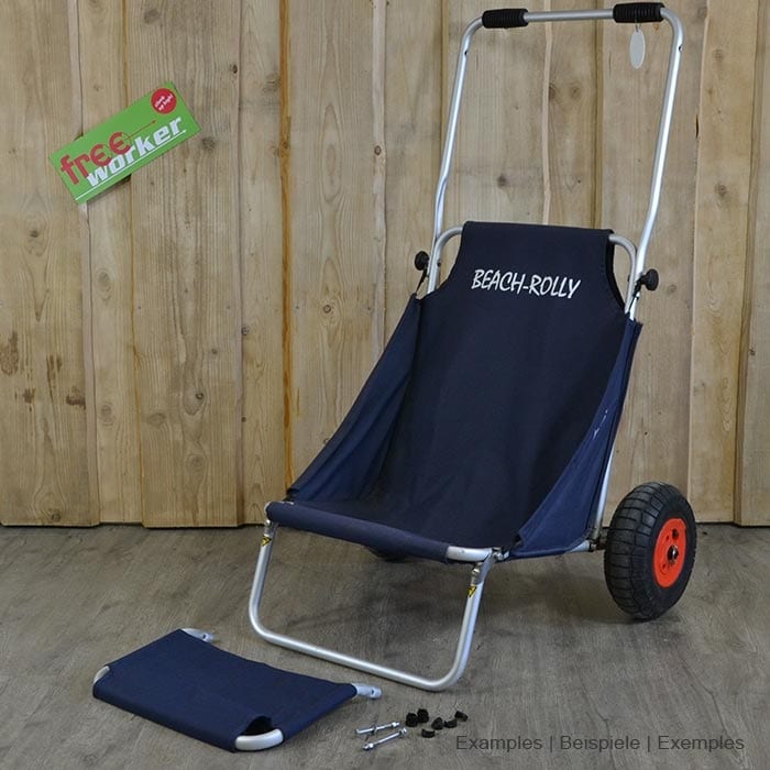 Beach Rolly Loading Bracket with dark blue fabric on a beach wheelchair, plus a separate Loading Bracket with screws and black plastic parts on the bottom