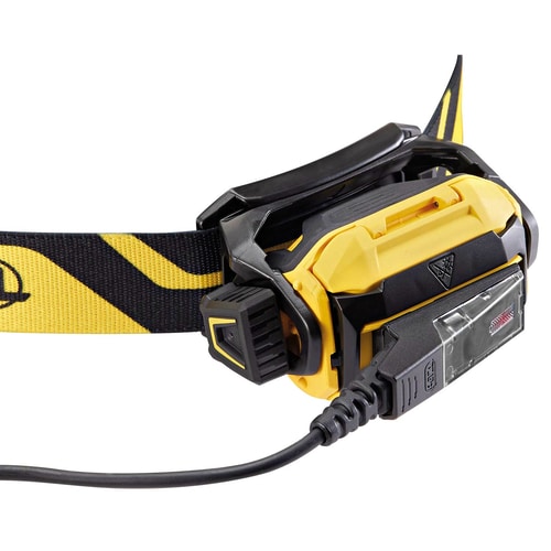 Petzl Pixa R headlamp with yellow and black headband, back with connection cable and clip mount