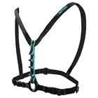 Black Chester SRS chest strap with turquoise stitching and black ring in the middle, photographed from the side