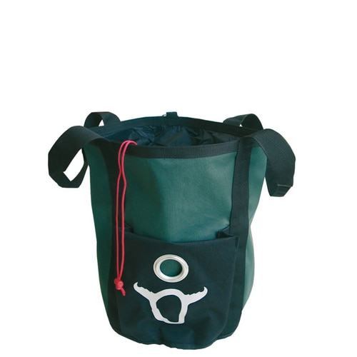 Professional bag, green with black front pocket, red drawstring and white bull head motif