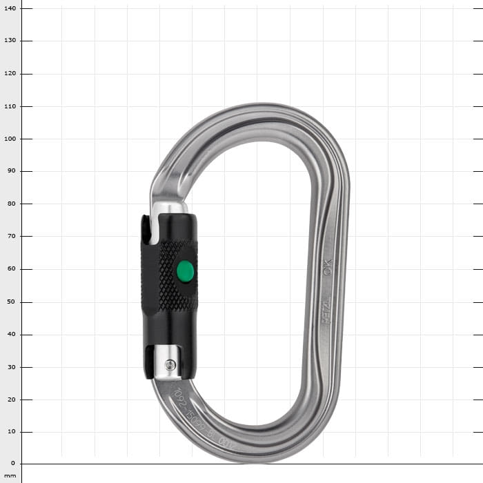OK Ball Lock metal snap hook with black clasp and green button