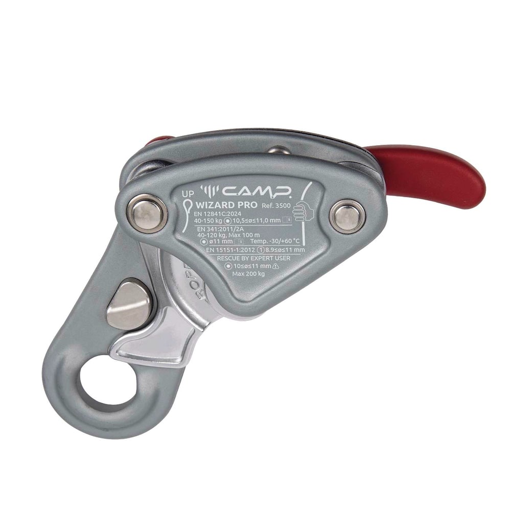 Wizard Pro climbing frame by CAMP with grey metal housing, red lever and technical specifications on the side