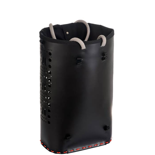 ropeBUCKET 80, black cylindrical container without strap, with grey handle loops and red stitching on the bottom, without visible lettering