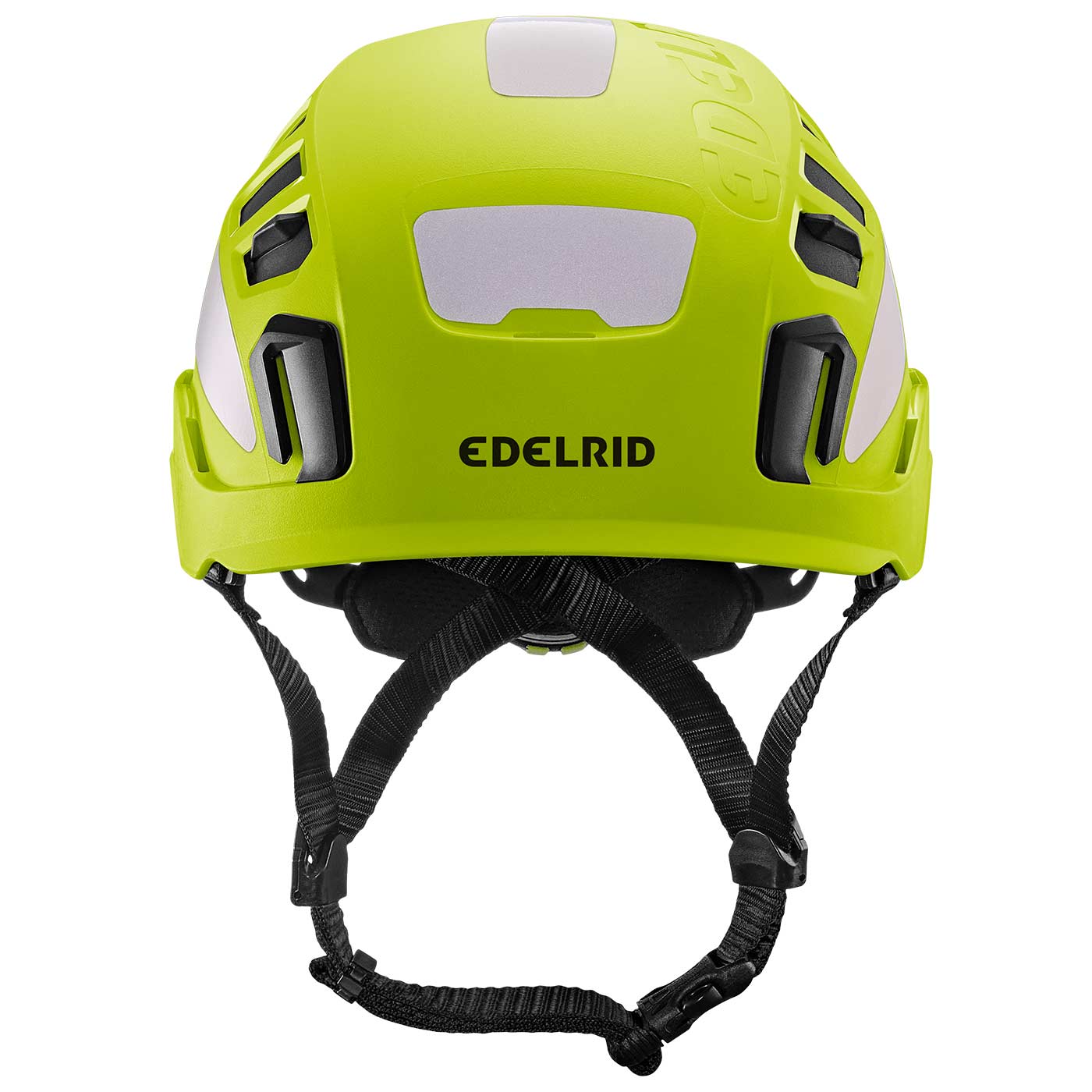 Tectum Air Hi-Viz climbing helmet by Edelrid in bright yellow with white reflectors and black chin strap, front view with visible Edelrid brand logo