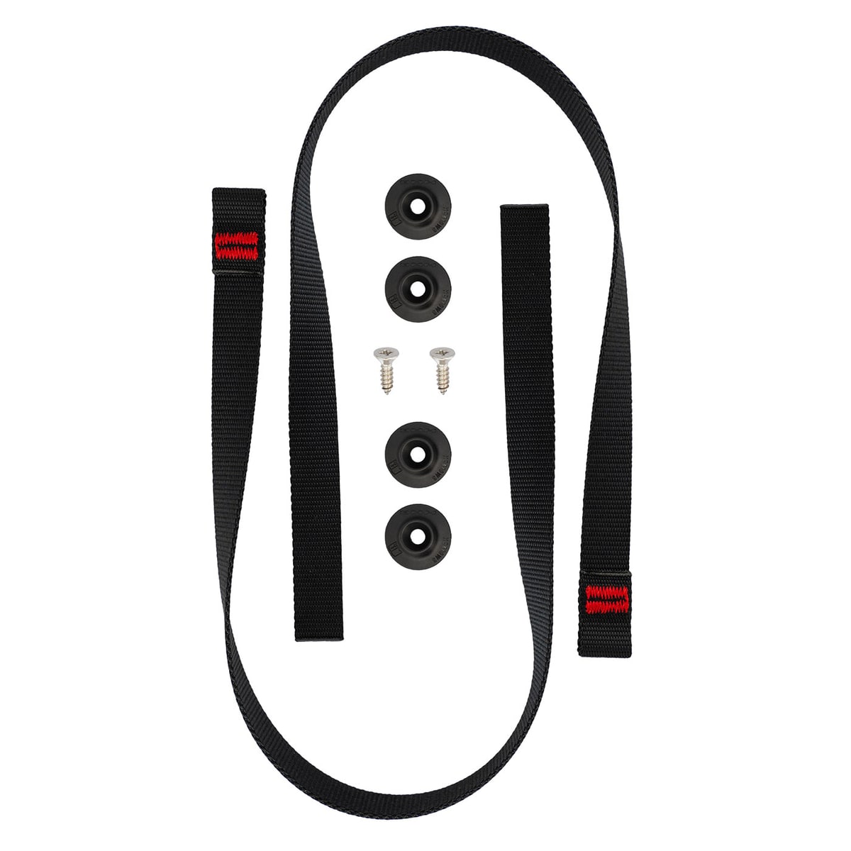 Kinisi hip/leg connection, black band with red stitching, four black plastic rings and two small silver screws