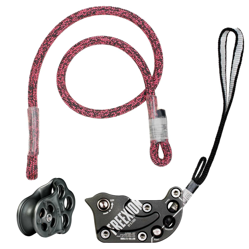 Freexion System Hitch Climber climbing frame with black metal block, black pulley and two ropes, one red-black and one black-white