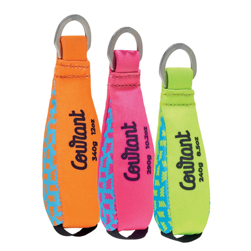 Three colourful fabric pendants with metal rings, each inscribed with "Coutant" and weight information, in the colours orange, pink and light green, product name Tuna