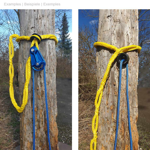 Kokoan knot sling 19 by Antal, yellow sling with black plastic ring, attached to a tree, blue ropes guided through the ring