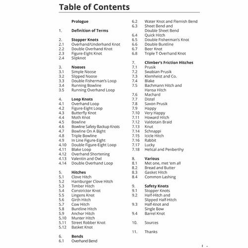 Black and white table of contents page from the Tree Climber's Knotbook with chapters and subchapters on different knot types and techniques