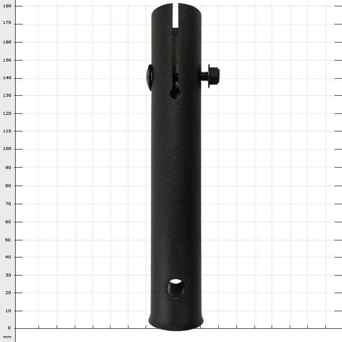 ArboRapid top-mounted tube from Berger, black cylindrical tube with screw and openings, against a white background with grid dimensions