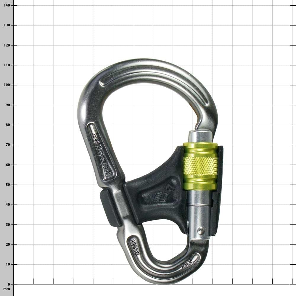Belay Master carabiner with yellow clasp and black plastic part, viewed from the other side