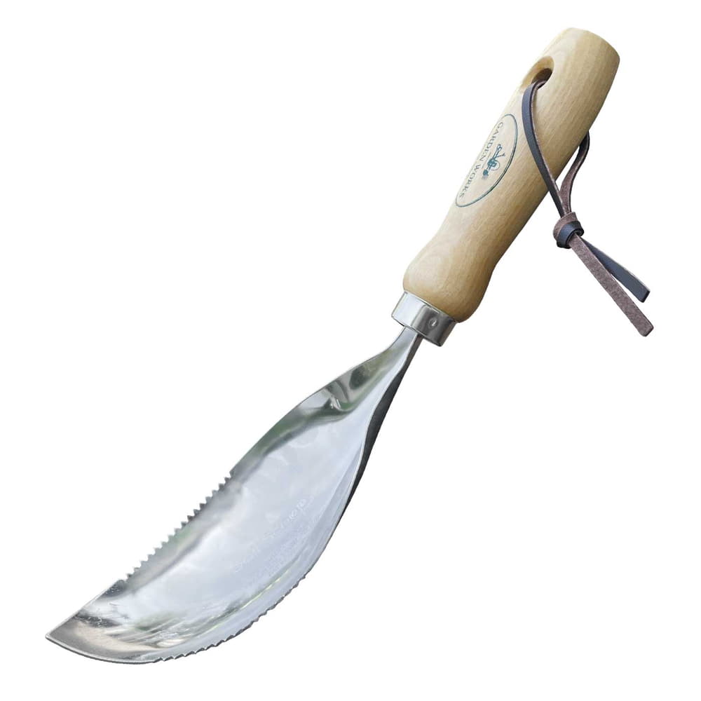 Soil Scoop with wooden handle and metal blade, a leather strap on the handle