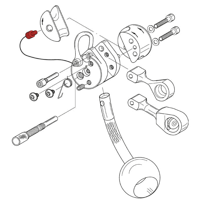 Black and white technical drawing of a mechanical device with several parts, including two screws marked in red, without manufacturer information or product type
