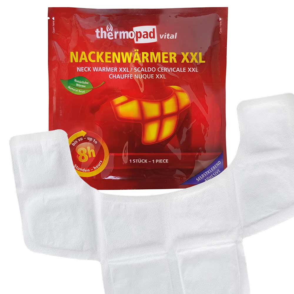 thermopad vital neck warmer XXL packaging in red with yellow lettering and white neck warmer in T-shape in front of it