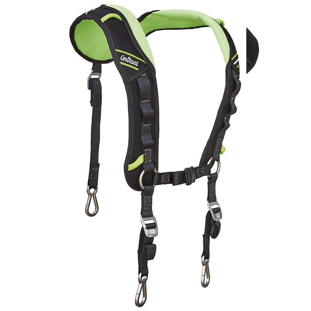 Koala Chest shoulder strap in black and green with metal carabiners and "Courant" lettering on the shoulder
