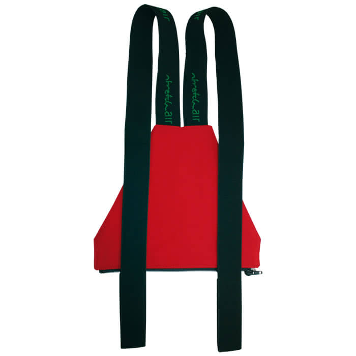 Zip bib in red with black straps, manufacturer's name on the straps in green
