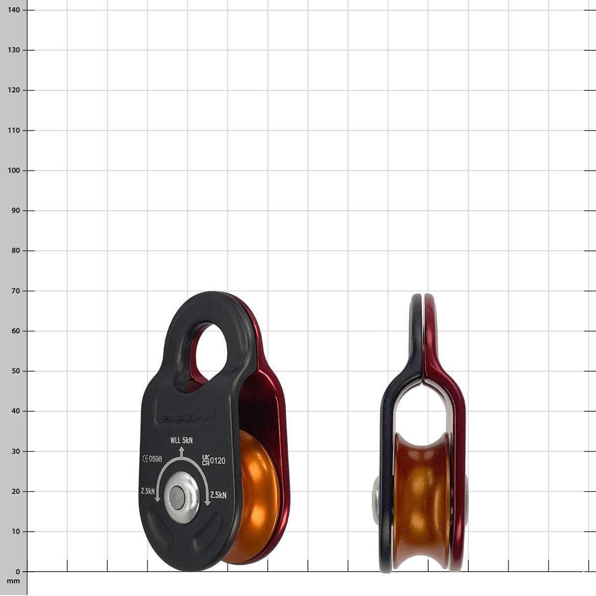 Impel pulley with red and black housing and orange roller, manufacturer's name not visible, front and side view