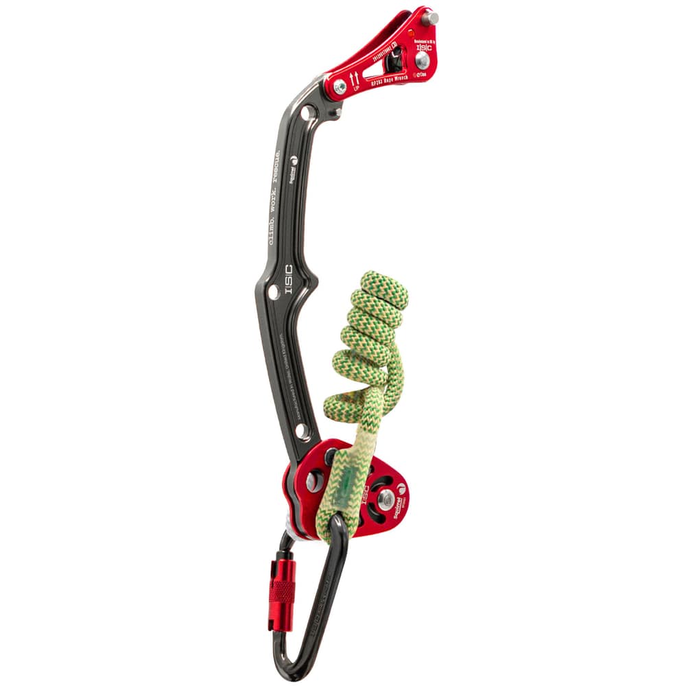 Rope Wrench Squirrel PPE Regulations System with black and red metal part, green and white rope and black carabiner from ISIC