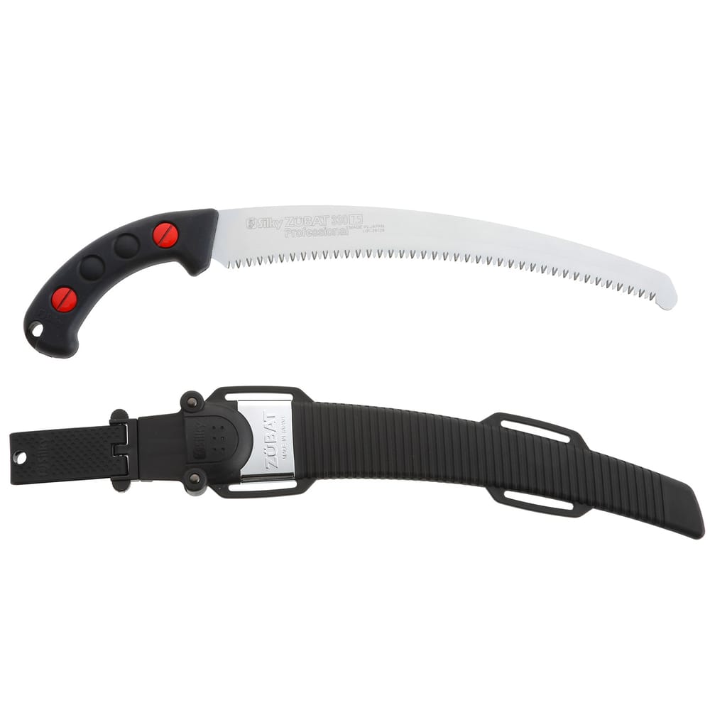 Silky Zübat 330-7.5 hand saw with black handle and red screw cap, plus black plastic sheath with metal fitting and hanging loops
