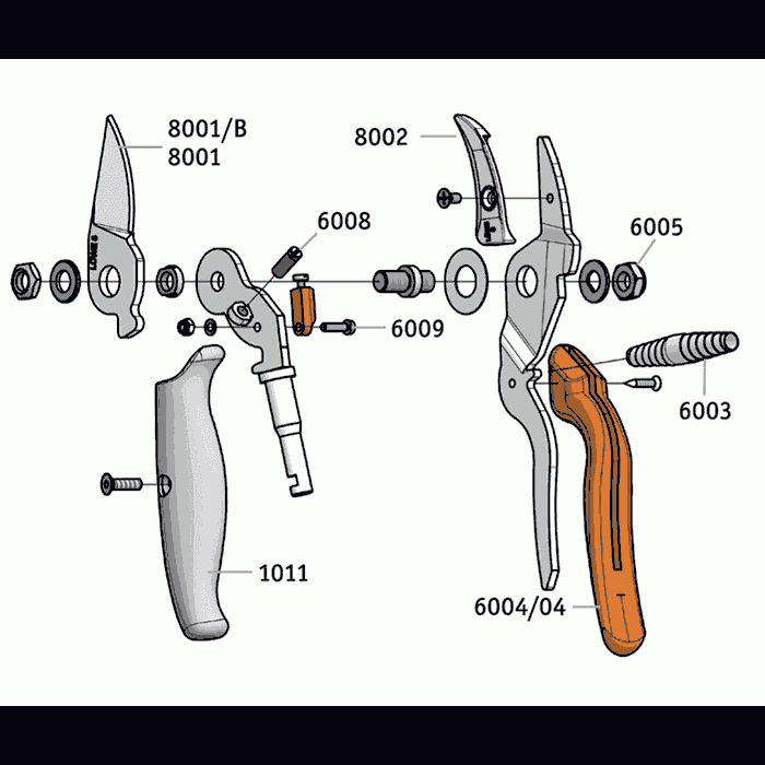Exploded view of the Anvil 8.109 with numbered parts, including grey and orange handles, blades and screws