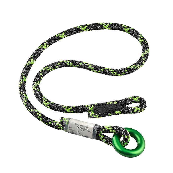 Sirius multiSLING, a black and green rope with a green metal eyelet at the end and a white label on the rope