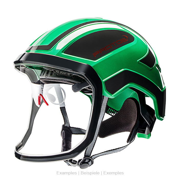 PROTOS® helmet in green and black with integrated transparent face shield and black chin strap, PROTOS® logo in red on the side