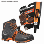 Foot Loop 2 by Reecoil, orange foot strap attached to a black Salewa mountain boot, packaging in the background