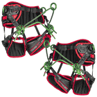 treeMOTION Pro X Climbing harness from diagonal front with black and red pad, green metal rings and green ropes, manufacturer Trufilanger