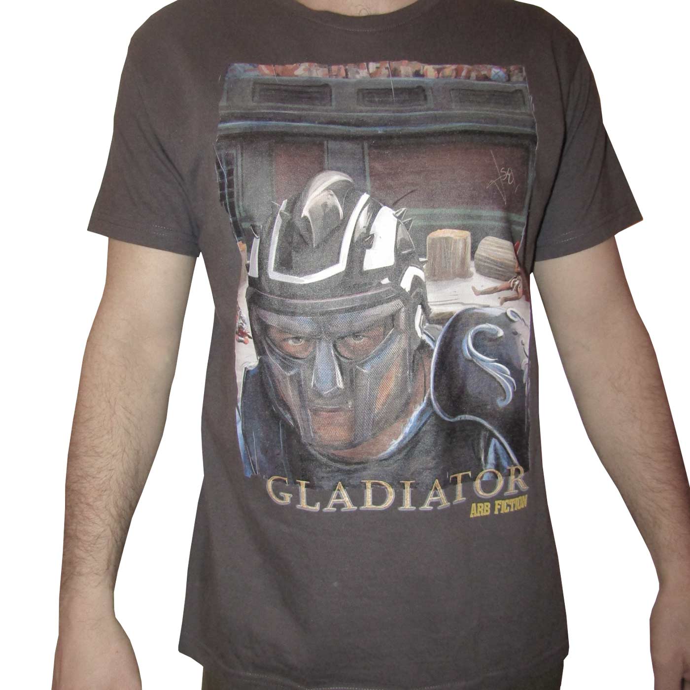 Grey Gladiator T-shirt with the same print, worn by one person, visible are the person's upper body and arms