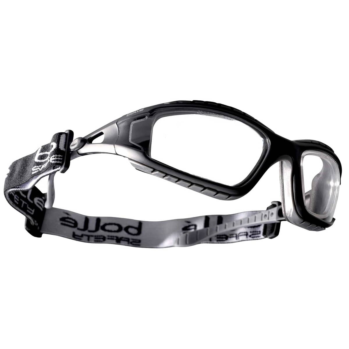 Tracker II by Bollé, black goggles with clear lens and adjustable black and white elastic band with bollé print, side view