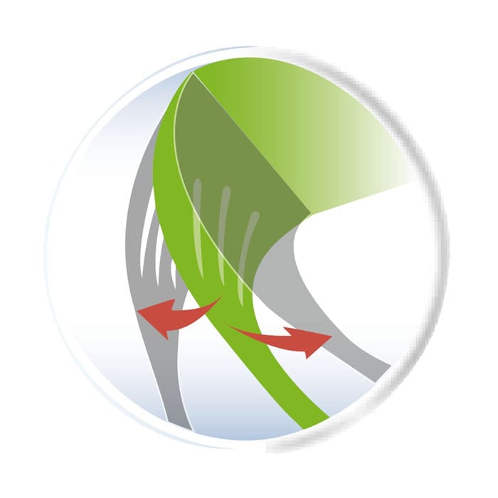 Graphic with green and gray shapes and red arrows showing movement or air circulation