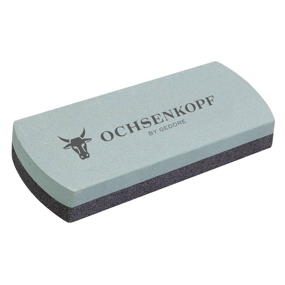 Silicon carbide whetstone, rectangular with light grey top and black underside, with "OCHSENKOPF BY GEDORE" print and bull's head logo