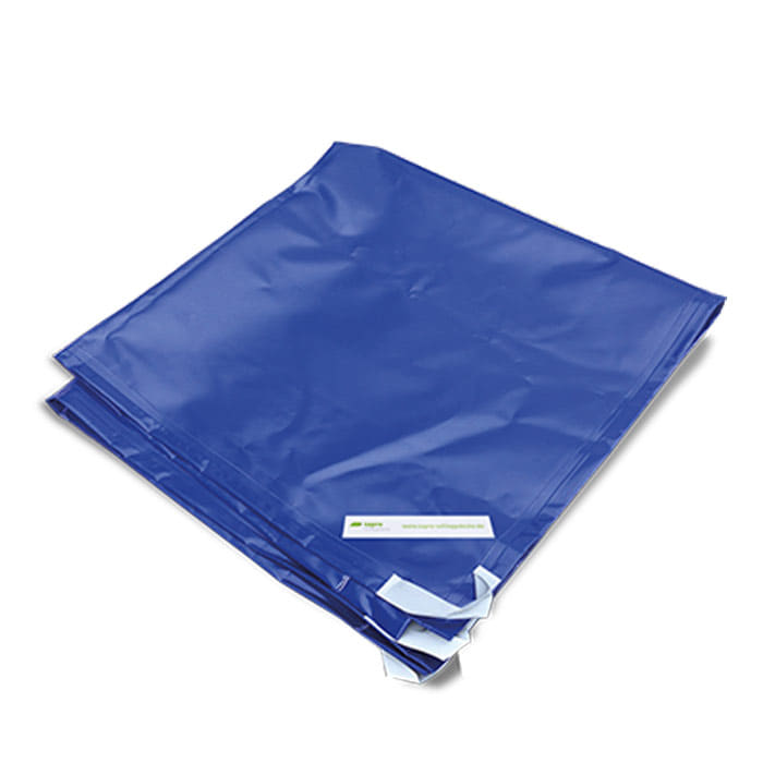 Tow blanket, blue, folded, rectangular, with white label at the corner