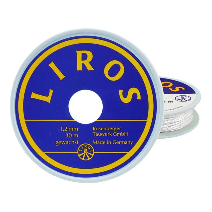 Rigging Yarn Wax 1.2 by Liros, White Waxed Cord on a Round Blue and Yellow Bobbin with Texts on Size and Manufacturer