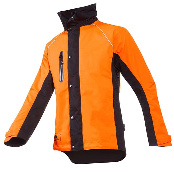 Keiu rain jacket in orange and black with zipper, press studs and chest pocket
