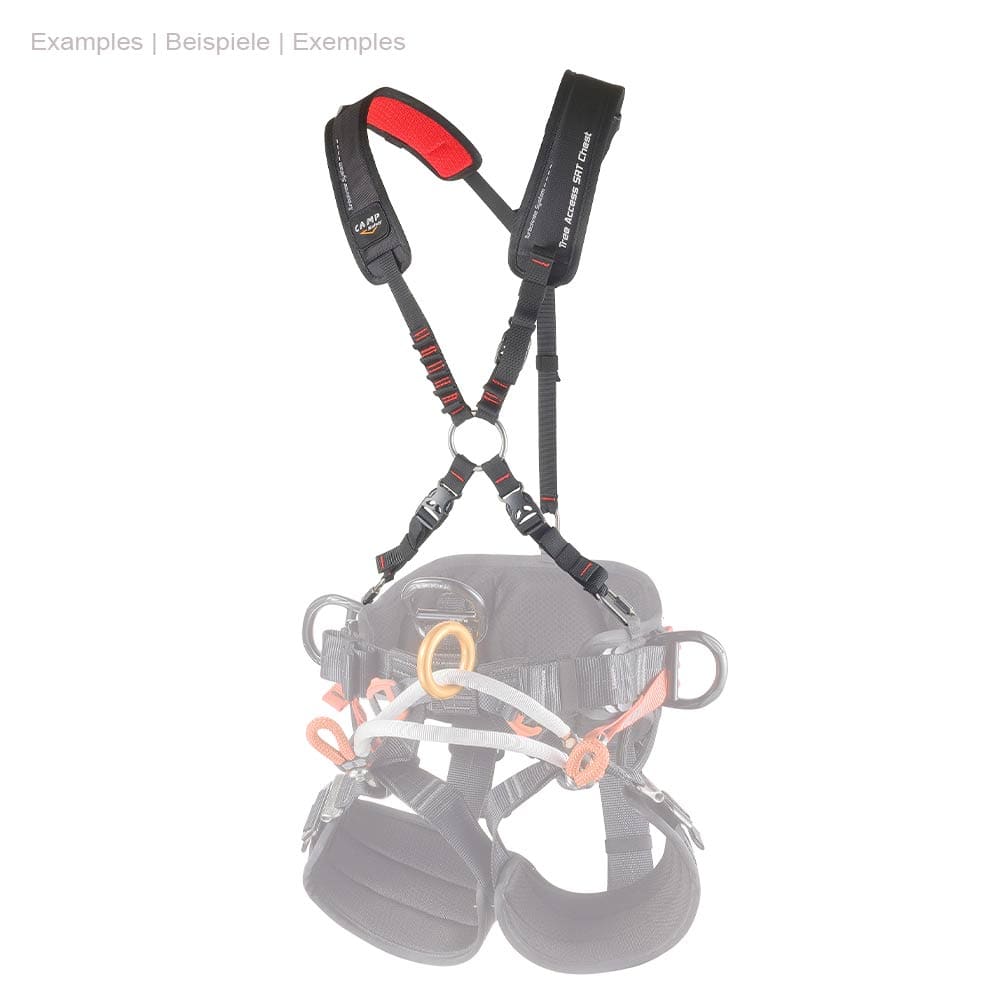 Black Tree Access SRT Chest chest strap by CAMP with red pads, connected to a black climbing harness that is partially visible and transparent