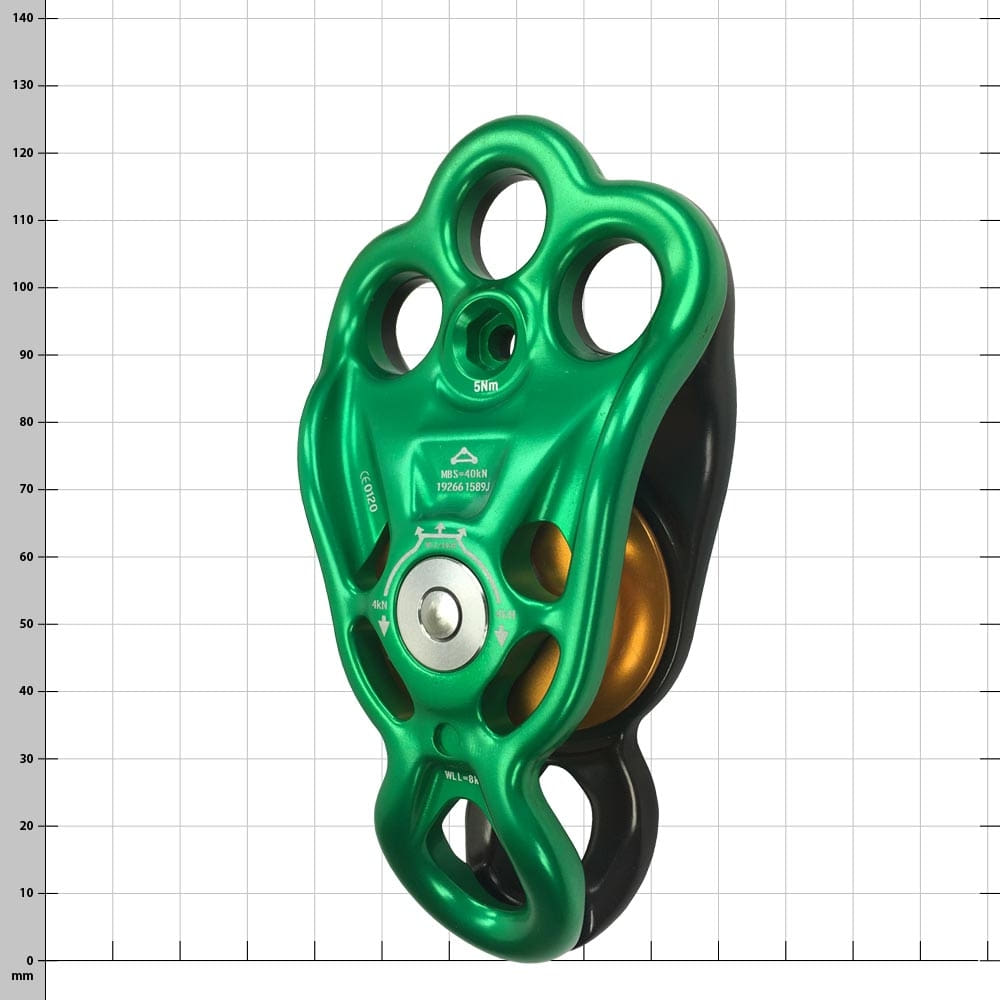 Rigger Becket Pulley Green Multi-Hole Pulley with Gold Tone Pulley, Product Name Visible