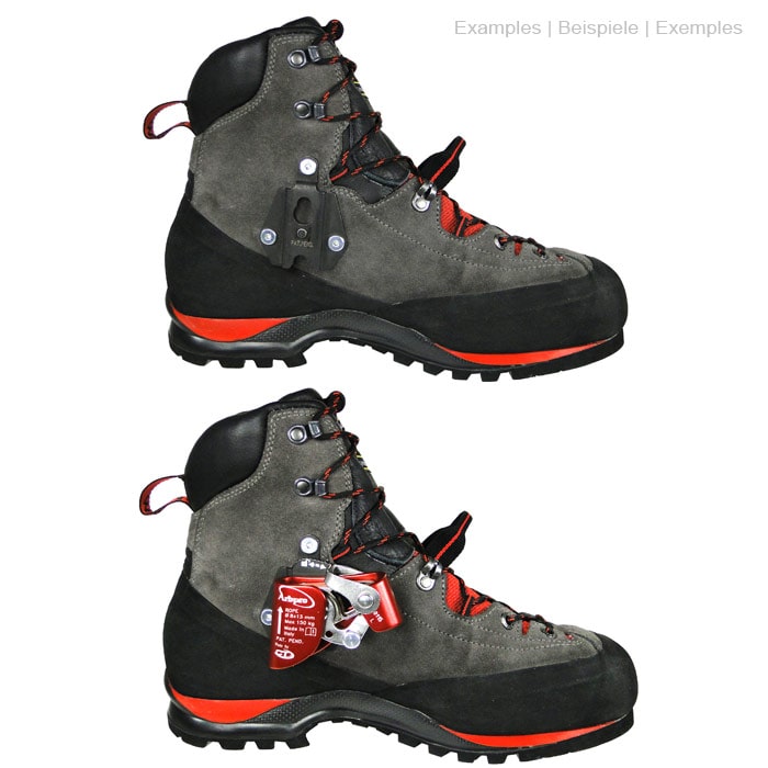 Quickstep Plate attached to grey hiking boot with black and red details, including a red climbing frame on another shoe of the same type.