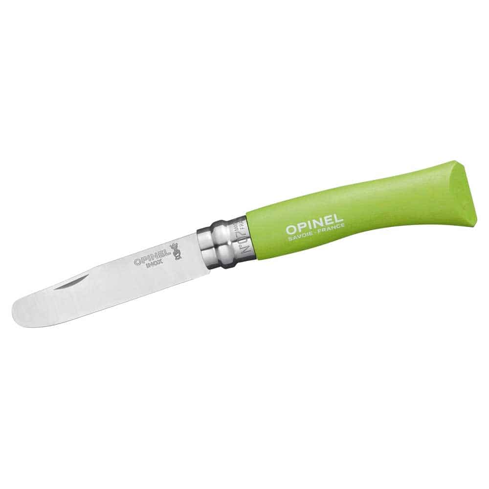Opinel N°7 Junior green, children's knife with green handle and stainless steel blade, on the blade is written "OPINEL INOX" and "N°7"