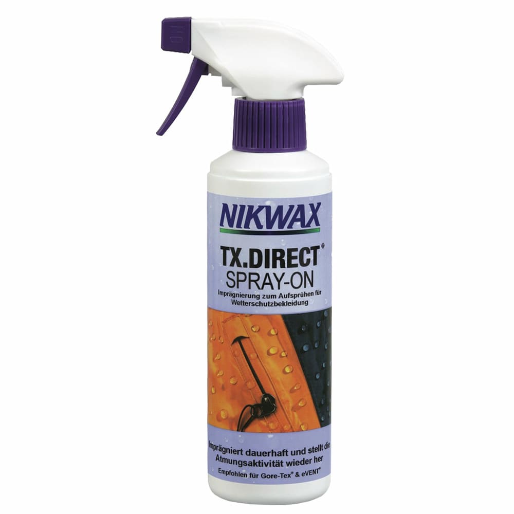 Nikwax TX-Direct Spray-On Waterproofing Spray in white spray bottle with purple spray head and purple label showing an orange and black garment with water droplets