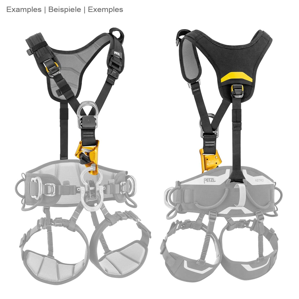 Top Croll by Petzl, front and rear view of the black chest ascender harness with gray mesh fabric and yellow ascender, with gray semi-transparent harness silhouettes in the background