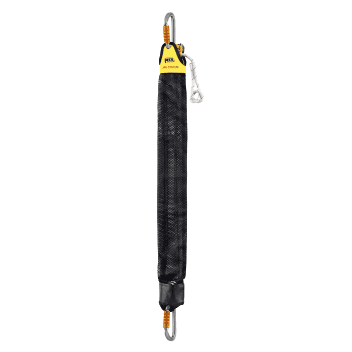 Petzl JAG System in black mesh bag with two silver carabiners with orange closures and yellow label