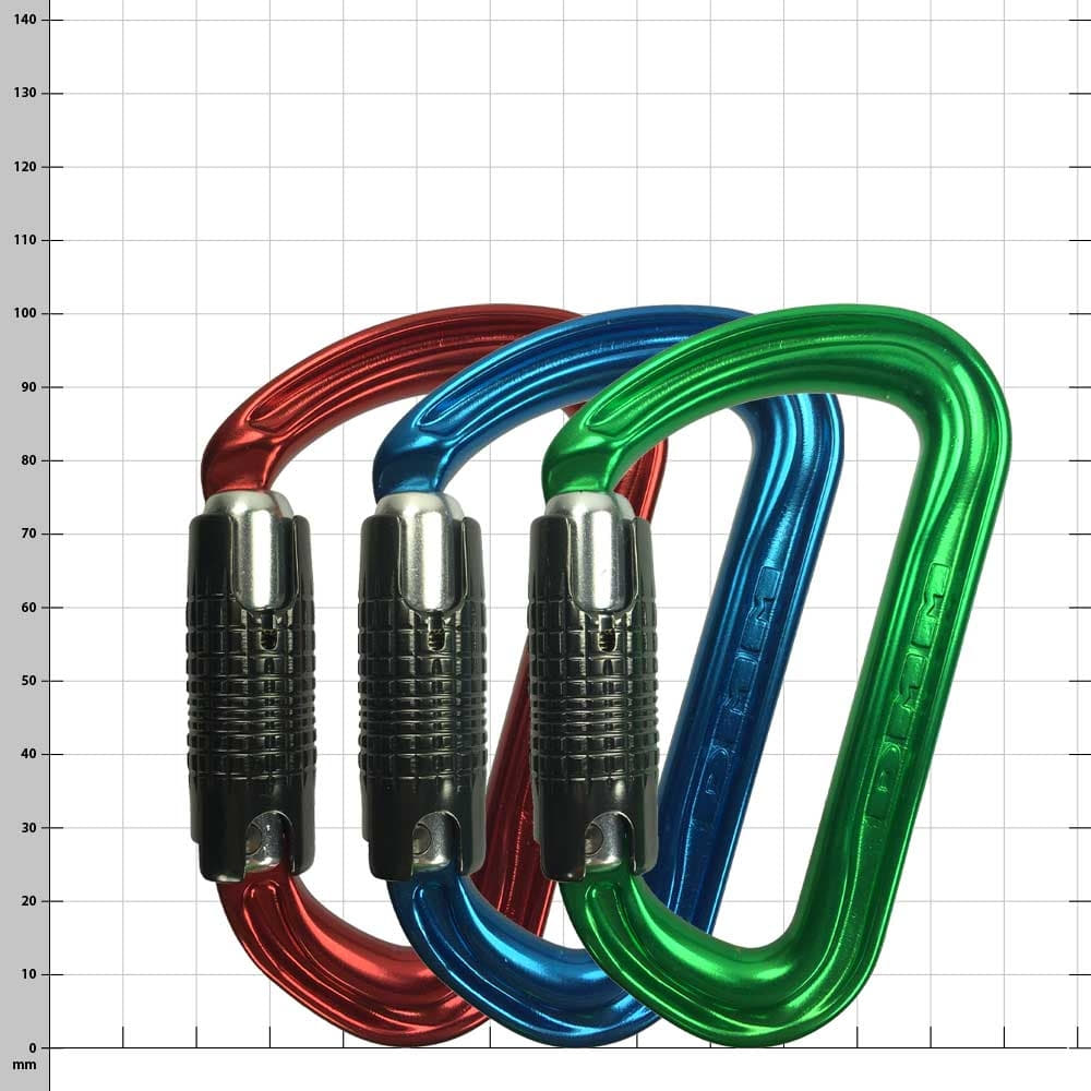 3 x Shadow Color climbing carabiners in red, blue and green next to each other