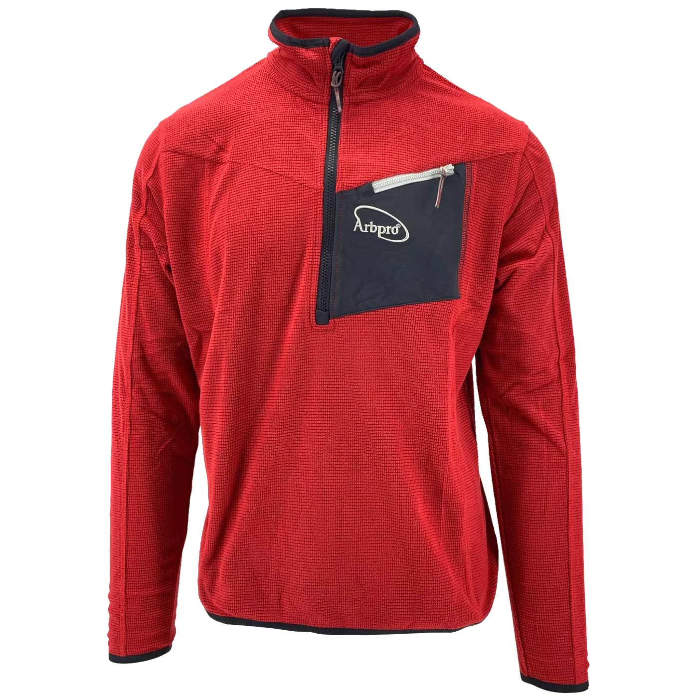 Micro Fleece red microfleece top with half-length zipper and black chest pocket with white zipper and Arbpro logo