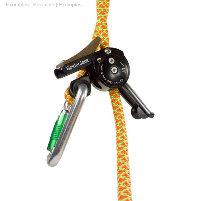 SpiderJack 2.1 Basic by ART, black mechanical device with wooden handle, mounted on orange-green climbing rope with carabiner