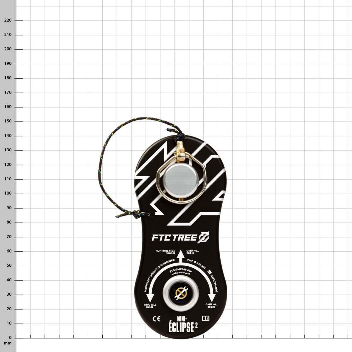 Mini-Eclipse 2 Alu, black pulley with white prints and metal roller, from above without safety loop
