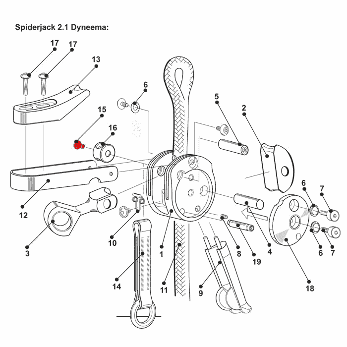 Technical drawing of the SpiderJack 2.1 Dyneema with numbered individual parts, including the red mounting screw for flange at position 15, shown in an exploded diagram