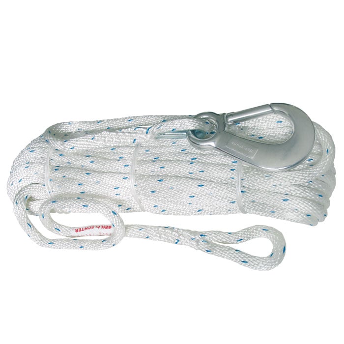 Work line, white with blue dots, with metal hooks, rolled up