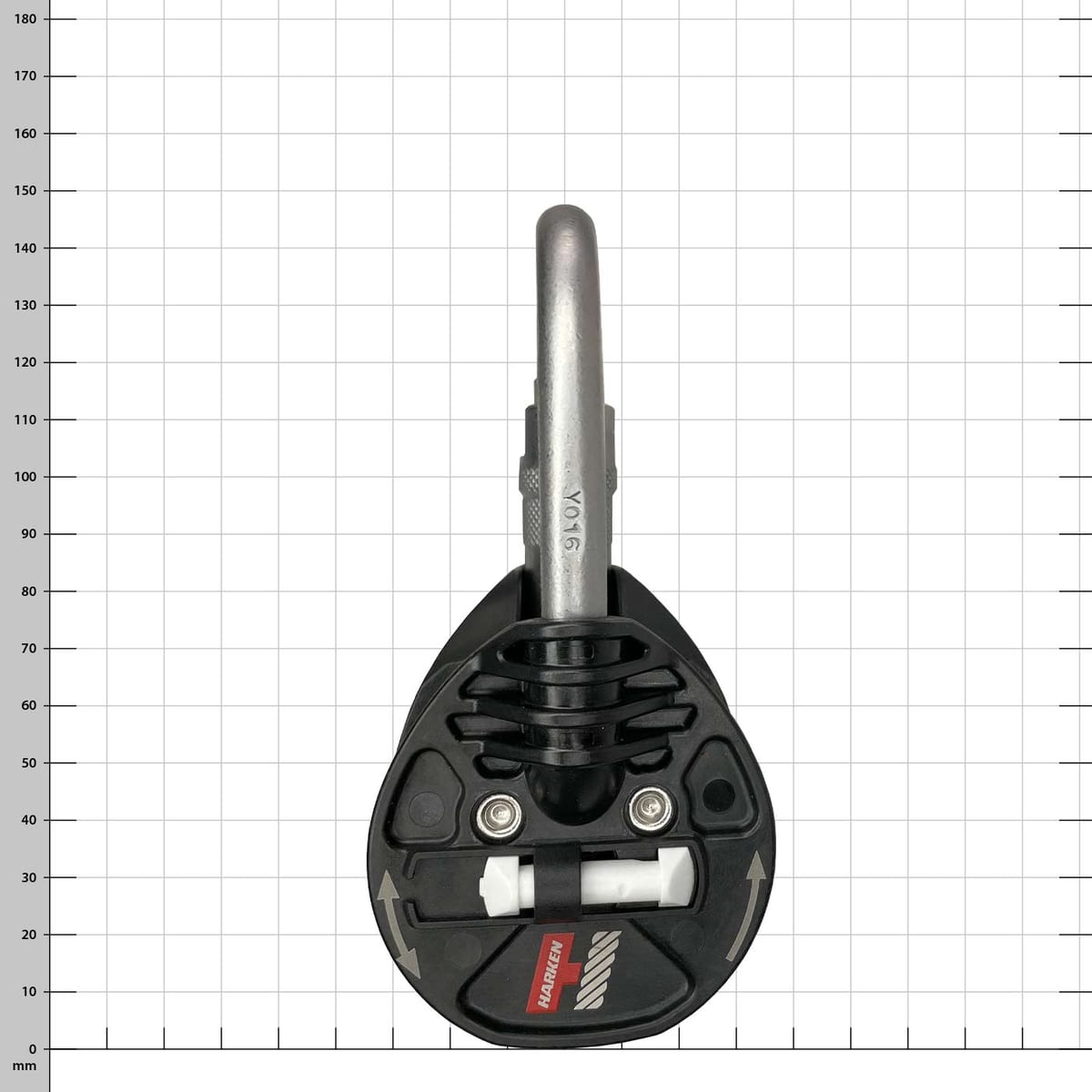 Snatchet 65 Ratchet by Harken with silver carabiner and black plastic housing, top view