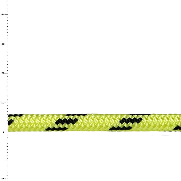Cord 6, yellow with black patterns, close-up of a rope section